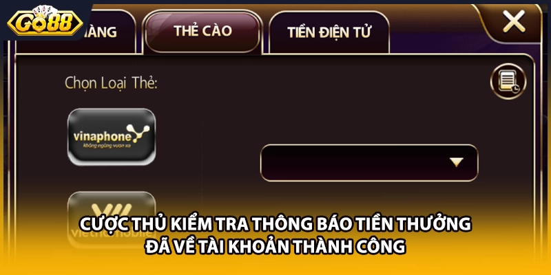 Cược thủ kiểm tra thông báo tiền thưởng đã về tài khoản thành công